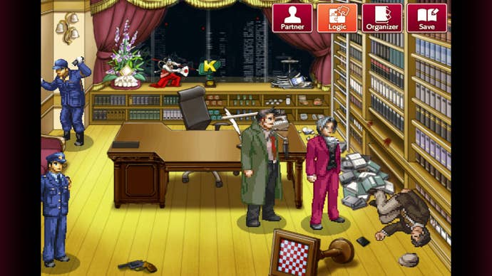 Gumshoe and Edgeworth in Edgeworth's office. There's a dead body on the floor and two police officers examining the scene.