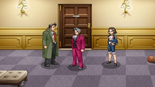 Gumshoe, Edgeworth, and Maggey Byrde stand in a plushly decorated hallway.