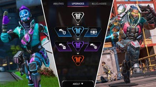 A 3-way split image of assets from Apex Legends Season 20 Breakout, featuring the new upgrade path in the middle, and Octane and Gibraltar on either side.