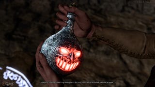 Astarion holding the mysterious Iron Flask from the missing shipment in Baldur's Gate 3