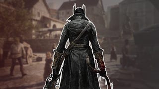 The main Hunter character from Bloodborne stands, back to the viewer, facing a blurred image of Vernmouth from Dragon's Dogma 2.