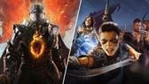 An image split into two panels. On the left: Dragon's Dogma 2's Arisen stands against a fiery background in full armour. On the right: Baldur's Gate 3's Shadowheart, Lae'zel, Wyll, and Mizora.