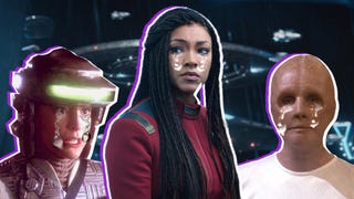 Kira in Breen uniform, Michael Burnham, and a Progenitor from Star Trek