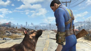 The main default character in Fallout 4, wearing a Vault jumpsuit and standing next to their canine companion Dogmeant.