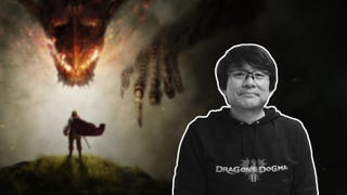 A bust shot of Hideaki Itsuno with a blurred image of a Dragon pointing at a human behind him, from Dragon's Dogma 1.