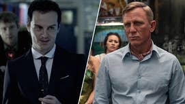 On the left, Andrew Scott as Moriarty in BBC's Sherlock, Martin Freeman stood behind him, Sherlock pointing a gun at him offscreen. On the right, Daniel Craig in Glass Onion: A Knives Out Story, he looks like he's thinking about something.