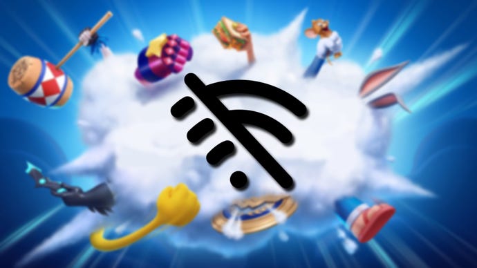 The hands of various MultiVersus characters all fighting in a cloud, slightly blurred, a Wi-Fi symbol with a line through it superimposed over the top.