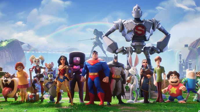 A still from a MultiVersus CG trailer showing a selection of its characters including Taz, Velma, Harley Quinn, Tom and Jerry, Wonder Woman, Garnet, Superman, Batman, Bugs Bunny, Arya Stark, The Iron Giant, Shaggy, Steven Universe, and Finn the Human.