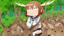 An anime girl with a silly expression on her face and antlers attached to her head riding a herd of realistic looking deer.