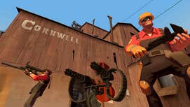 Two characters can be seen beside a turret in Team Fortress 2