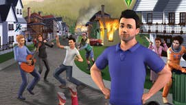 A pre-release key art render for The Sims 3 shows a lively street with such features as a ghost, a house fire, a bin diver, and warring neighbours, as a male Sim in the foreground looks into the camera with an ironic expression.