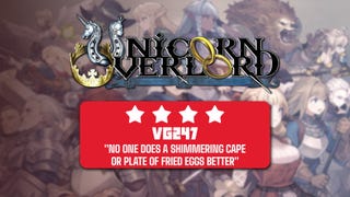 Review header for Unicorn Overlord that reads: "No one does a shimmering cape or plate of fried eggs better" - 4 stars